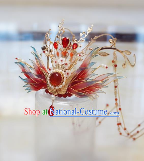 China Ancient Ming Dynasty Bride Hairpin Traditional Wedding Red Phoenix Tassel Hair Crown