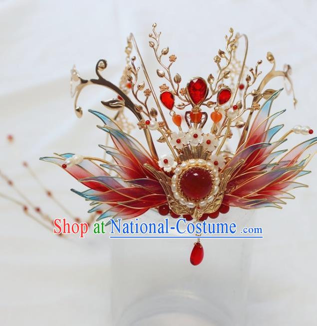 China Ancient Ming Dynasty Bride Hairpin Traditional Wedding Red Phoenix Tassel Hair Crown