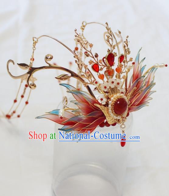 China Ancient Ming Dynasty Bride Hairpin Traditional Wedding Red Phoenix Tassel Hair Crown