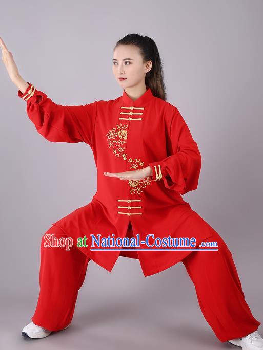 China Traditional Kung Fu Red Uniforms Tai Chi Competition Performance Costumes