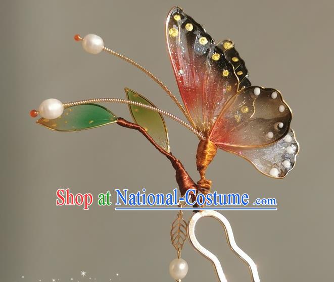 China Traditional Cheongsam Hairpin Handmade Ancient Princess Red Butterfly Hair Stick