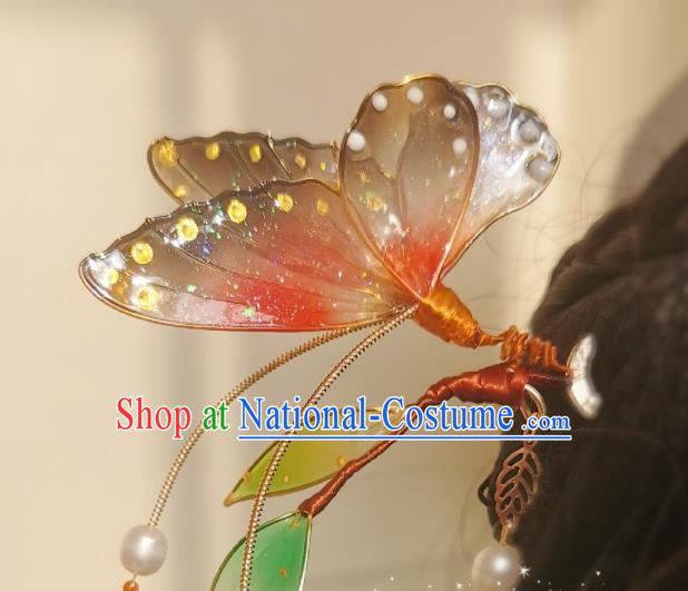 China Traditional Cheongsam Hairpin Handmade Ancient Princess Red Butterfly Hair Stick