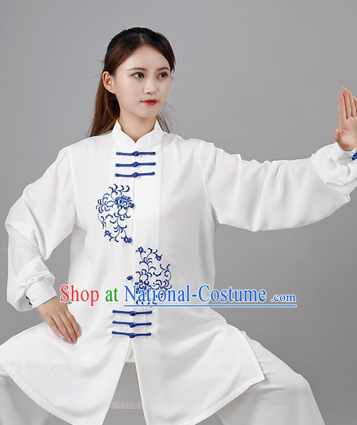 China Traditional Kung Fu Embroidered White Flax Uniforms Tai Chi Competition Costumes