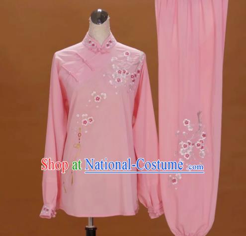 China Tai Chi Competition Costumes Traditional Kung Fu Embroidered Plum Blossom Pink Uniforms