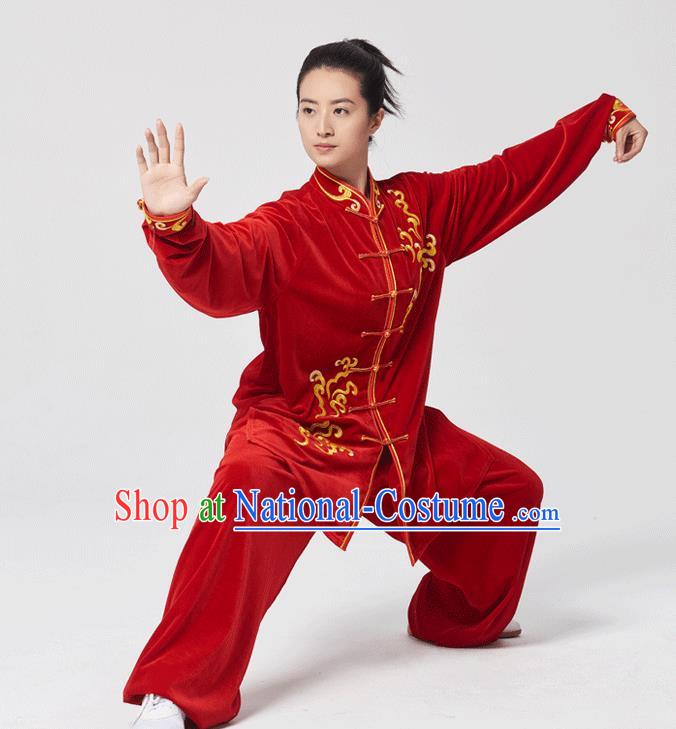 China Tai Chi Kung Fu Performance Costumes Traditional Martial Arts Embroidered Red Velvet Uniforms