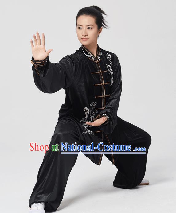 China Traditional Martial Arts Embroidered Black Velvet Uniforms Tai Chi Kung Fu Performance Costumes