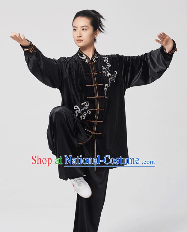 China Traditional Martial Arts Embroidered Black Velvet Uniforms Tai Chi Kung Fu Performance Costumes