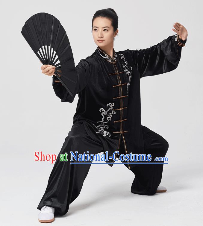 China Traditional Martial Arts Embroidered Black Velvet Uniforms Tai Chi Kung Fu Performance Costumes