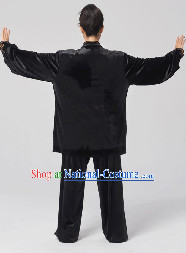 China Traditional Martial Arts Embroidered Black Velvet Uniforms Tai Chi Kung Fu Performance Costumes