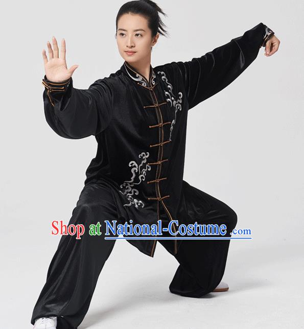 China Traditional Martial Arts Embroidered Black Velvet Uniforms Tai Chi Kung Fu Performance Costumes