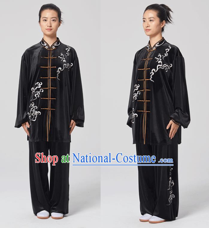 China Traditional Martial Arts Embroidered Black Velvet Uniforms Tai Chi Kung Fu Performance Costumes