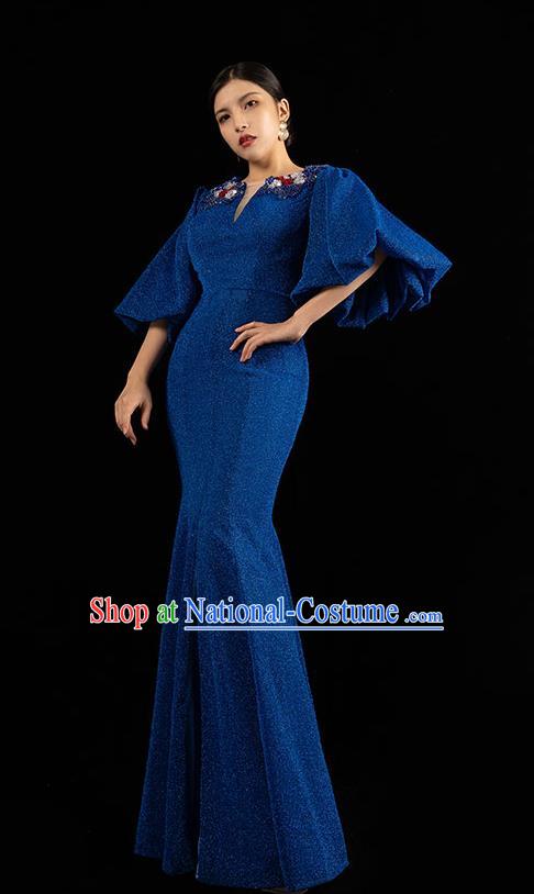 Top Grade Stage Show Clothing Annual Meeting Embroidery Beads Full Dress Catwalks Royalblue Fishtail Dress