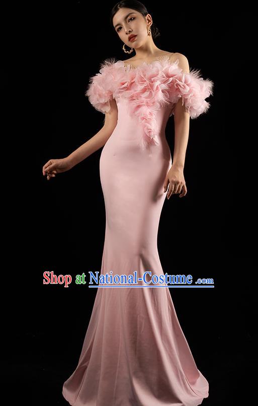 Top Grade Catwalks Pink Feather Off Shoulder Dress Stage Show Clothing Annual Meeting Full Dress