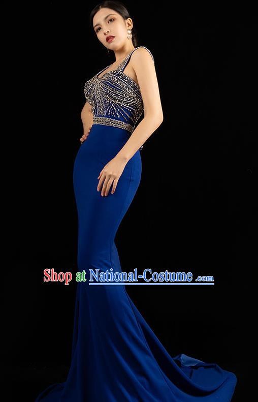 Top Grade Stage Show Embroidery Beads Royalblue Full Dress Catwalks Trailing Dress Annual Meeting Clothing