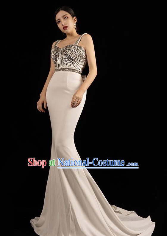 Top Grade Annual Meeting Clothing Stage Show Embroidery Beads White Full Dress Catwalks Trailing Dress