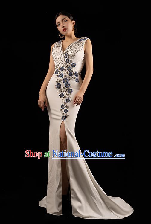 Top Grade Stage Show Embroidery Beads White Dress Catwalks Trailing Dress Annual Meeting Clothing