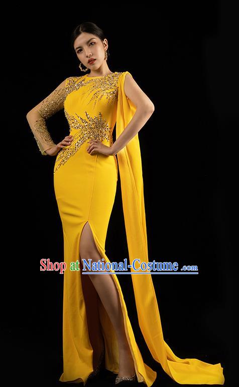 Top Grade Catwalks Compere Yellow Slim Dress Annual Meeting Clothing Stage Show Embroidery Beads Dress