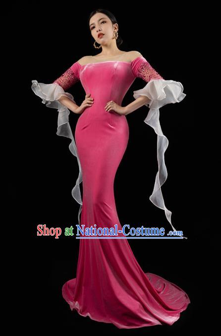 Top Grade Annual Meeting Clothing Stage Show Wedding Full Dress Catwalks Compere Rosy Velvet Trailing Dress