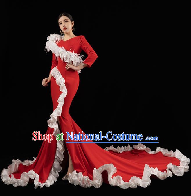 Top Grade Stage Show Wedding Full Dress Catwalks Compere Red Trailing Dress Annual Meeting Clothing