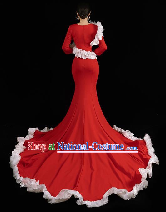 Top Grade Stage Show Wedding Full Dress Catwalks Compere Red Trailing Dress Annual Meeting Clothing