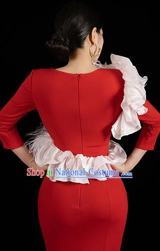 Top Grade Stage Show Wedding Full Dress Catwalks Compere Red Trailing Dress Annual Meeting Clothing