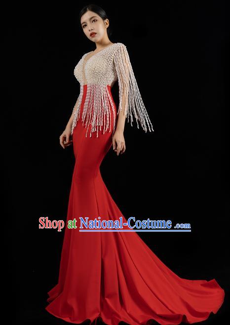 Top Grade Stage Show Beads Tassel Full Dress Annual Meeting Clothing Catwalks Compere Red Trailing Dress