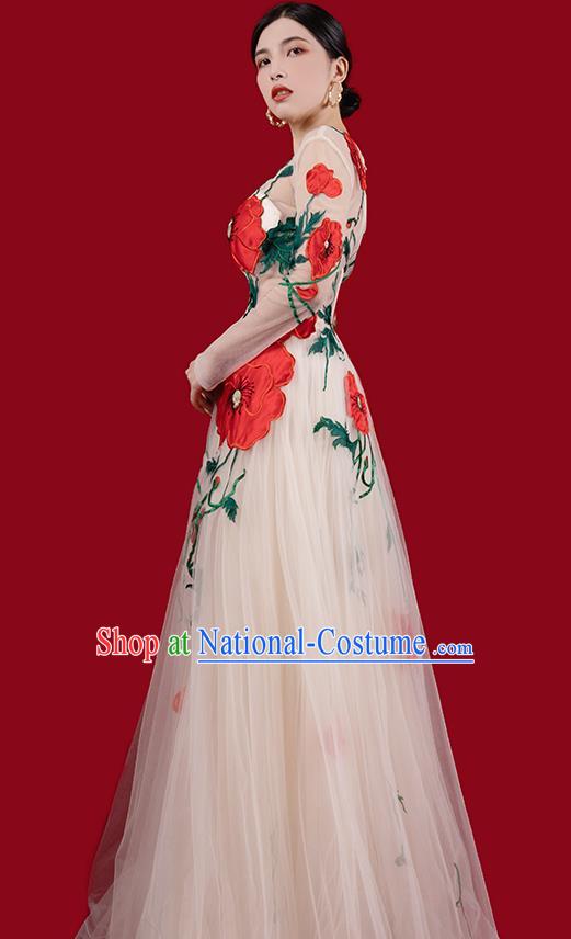 Top Grade Annual Meeting Clothing Catwalks Compere Embroidered Dress Stage Show Champagne Veil Full Dress