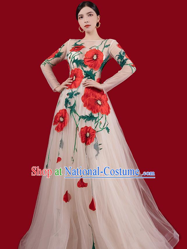 Top Grade Annual Meeting Clothing Catwalks Compere Embroidered Dress Stage Show Champagne Veil Full Dress