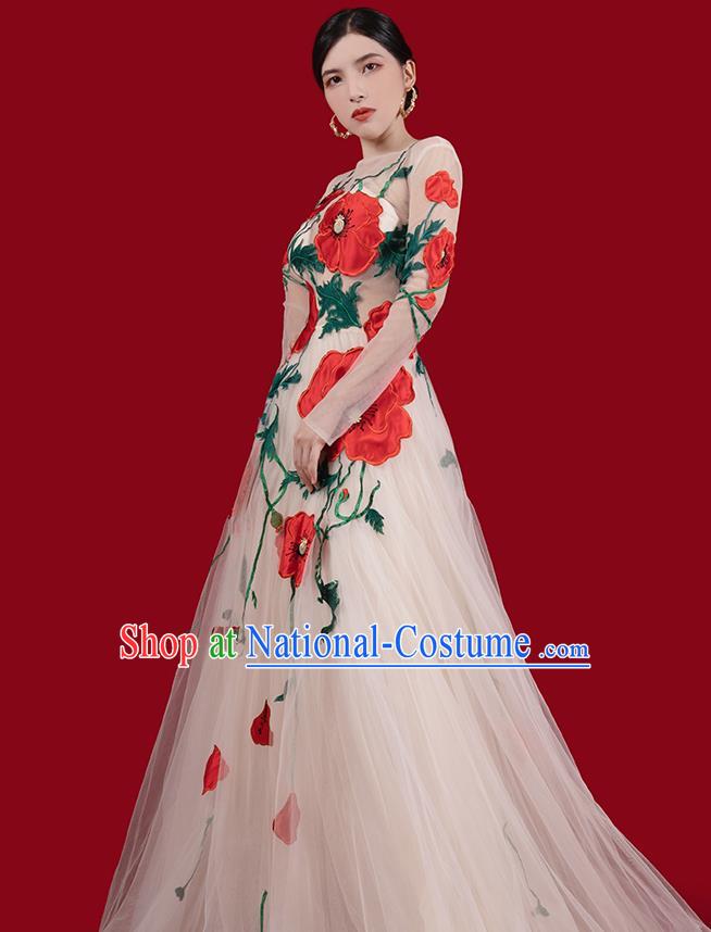 Top Grade Annual Meeting Clothing Catwalks Compere Embroidered Dress Stage Show Champagne Veil Full Dress