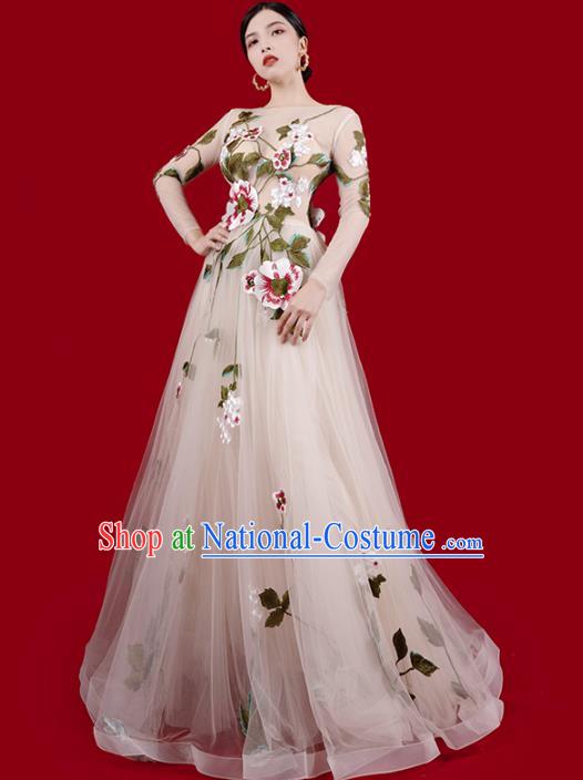 Top Grade Stage Show Beige Veil Full Dress Annual Meeting Clothing Catwalks Compere Embroidered Flowers Dress