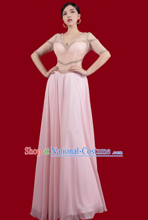 Top Grade Stage Show Pink Slim Dress Annual Meeting Clothing Catwalks Embroidered Beads Full Dress