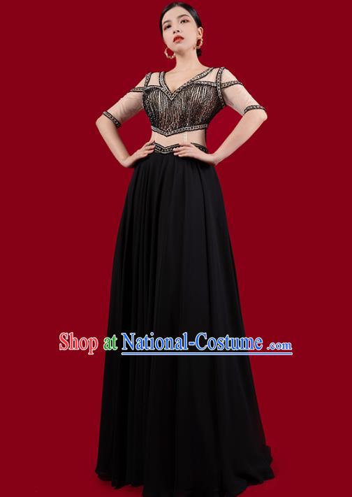 Top Grade Annual Meeting Clothing Catwalks Embroidered Beads Full Dress Stage Show Black Slim Dress