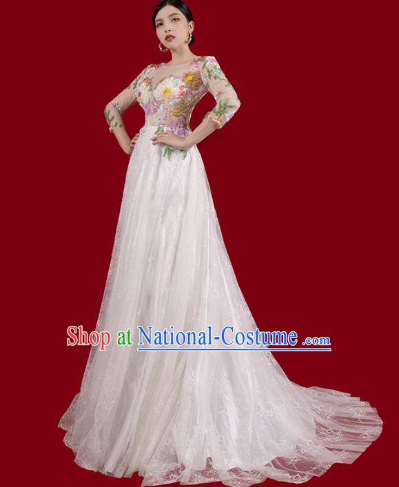 Top Grade Catwalks Embroidered Flowers Full Dress Annual Meeting Stage Show Trailing Dress Clothing