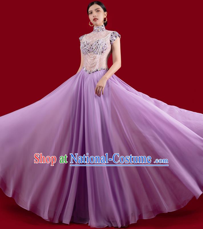 Top Grade Embroidered Beads Tassel Full Dress Annual Meeting Stage Show Violet Dress Catwalks Clothing