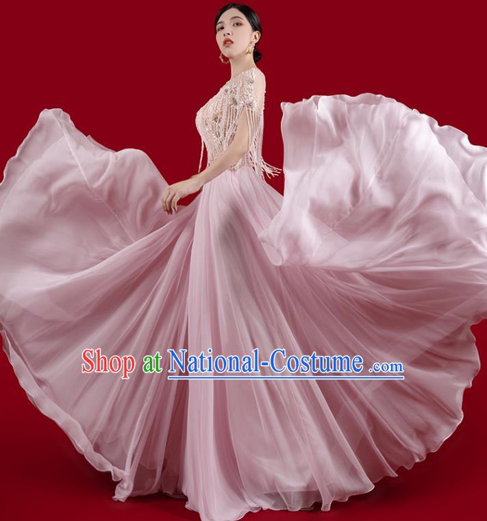 Top Grade Annual Meeting Stage Show Pink Dress Catwalks Embroidered Clothing Beads Tassel Full Dress