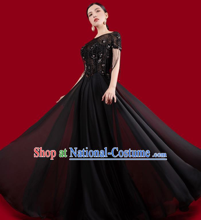 Top Grade Catwalks Embroidered Clothing Beads Tassel Full Dress Annual Meeting Stage Show Black Dress