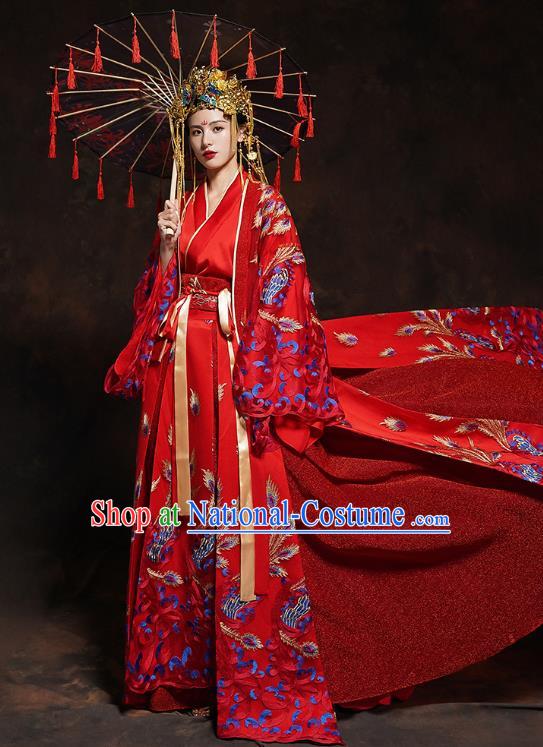 China Classical Wedding Bride Red Toast Dress Traditional Ancient Queen Embroidered Costumes