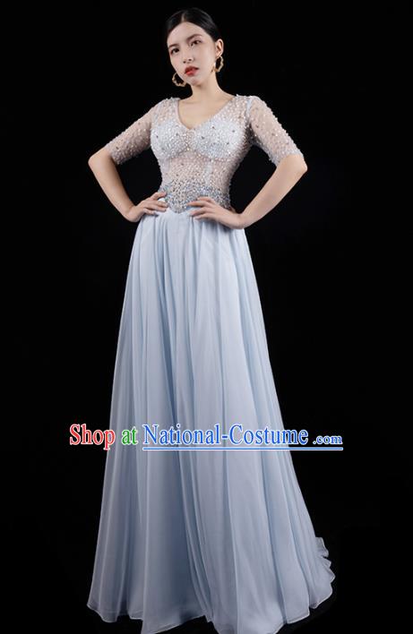 Top Grade Stage Show Clothing Embroidery Beads Light Blue Full Dress Annual Meeting Dress