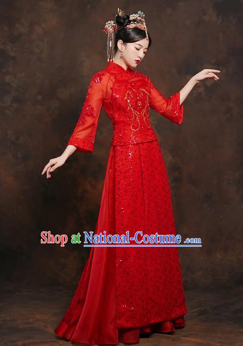 China Classical Bride Red Blouse and Dress Traditional Embroidered Wedding Costumes