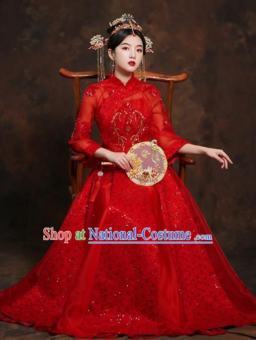 China Classical Bride Red Blouse and Dress Traditional Embroidered Wedding Costumes