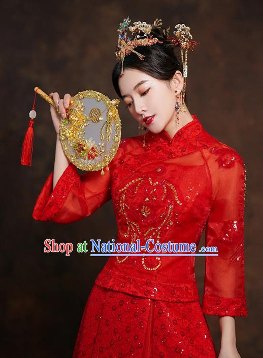 China Classical Bride Red Blouse and Dress Traditional Embroidered Wedding Costumes