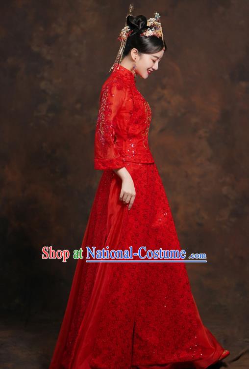 China Classical Bride Red Blouse and Dress Traditional Embroidered Wedding Costumes