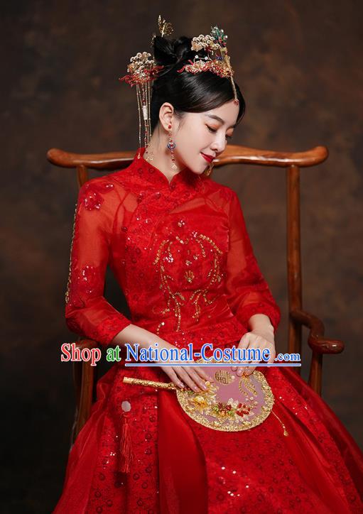 China Classical Bride Red Blouse and Dress Traditional Embroidered Wedding Costumes