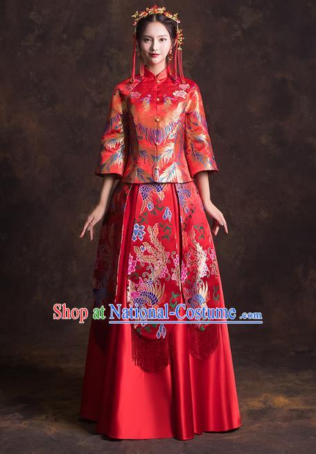 China Classical Xiuhe Suits Red Brocade Blouse and Dress Traditional Wedding Bride Costumes