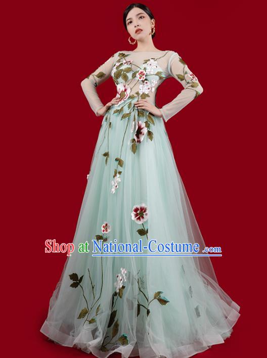 Top Grade Annual Meeting Veil Dress Stage Show Clothing Embroidery Light Green Full Dress