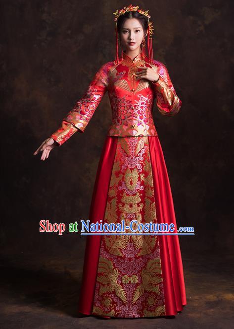 China Traditional Wedding Bride Costumes Classical Xiuhe Suits Red Brocade Mandarin Jacket and Dress