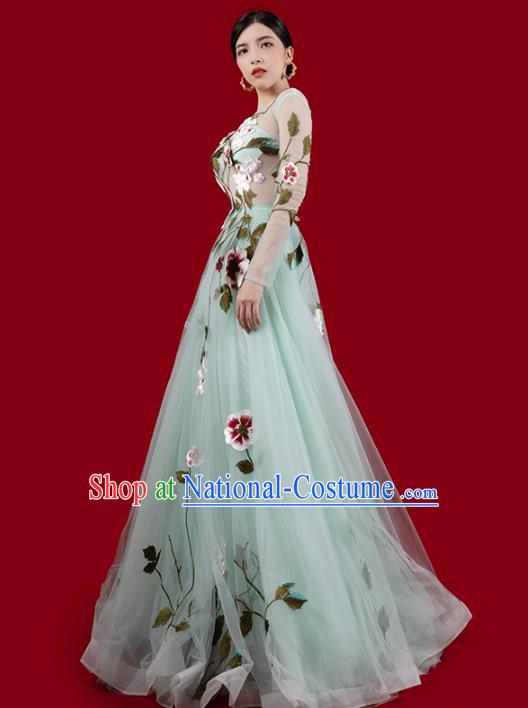 Top Grade Annual Meeting Veil Dress Stage Show Clothing Embroidery Light Green Full Dress