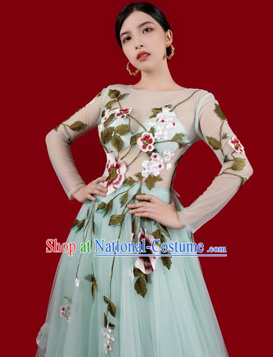 Top Grade Annual Meeting Veil Dress Stage Show Clothing Embroidery Light Green Full Dress