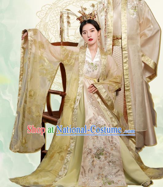 China Traditional Tang Dynasty Empress Wedding Costumes Ancient Queen Golden Hanfu Dress