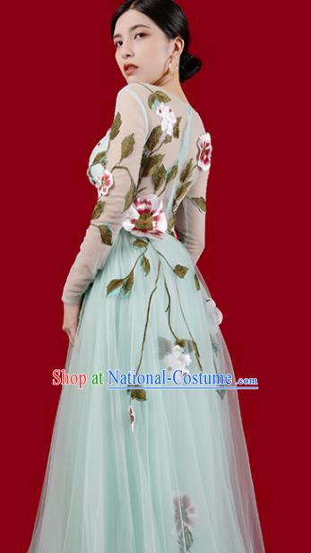 Top Grade Annual Meeting Veil Dress Stage Show Clothing Embroidery Light Green Full Dress